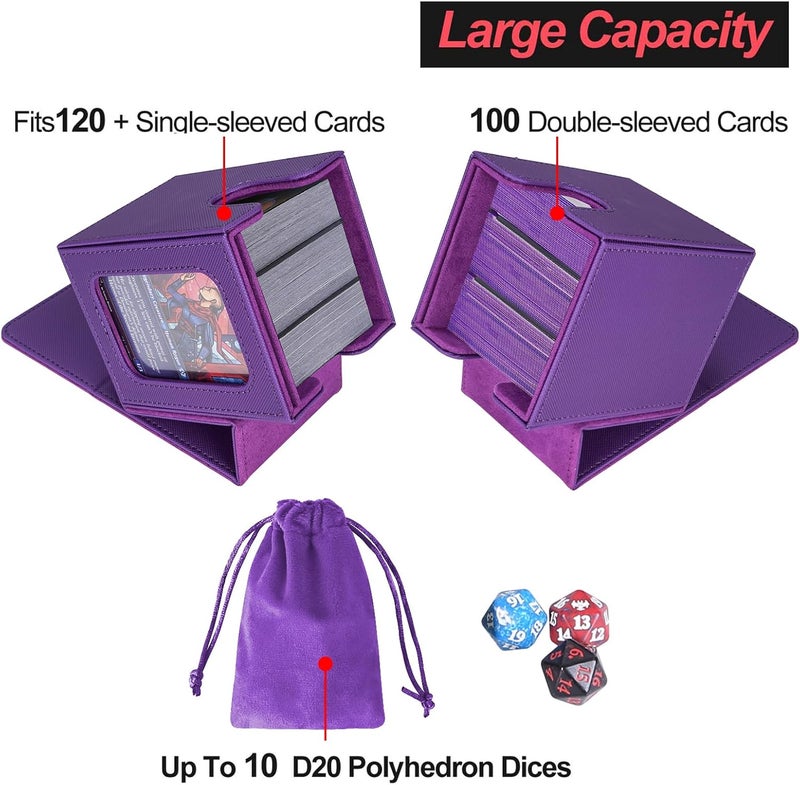 AFIING MTG Deck Box for Commander Display,Card Deck case Fits 100 Double Sleeved Cards, Magic Commander TCG Card Storage Box with 2 Dividers,Dice Bag and 1 Toploader(Purple) - Image 3